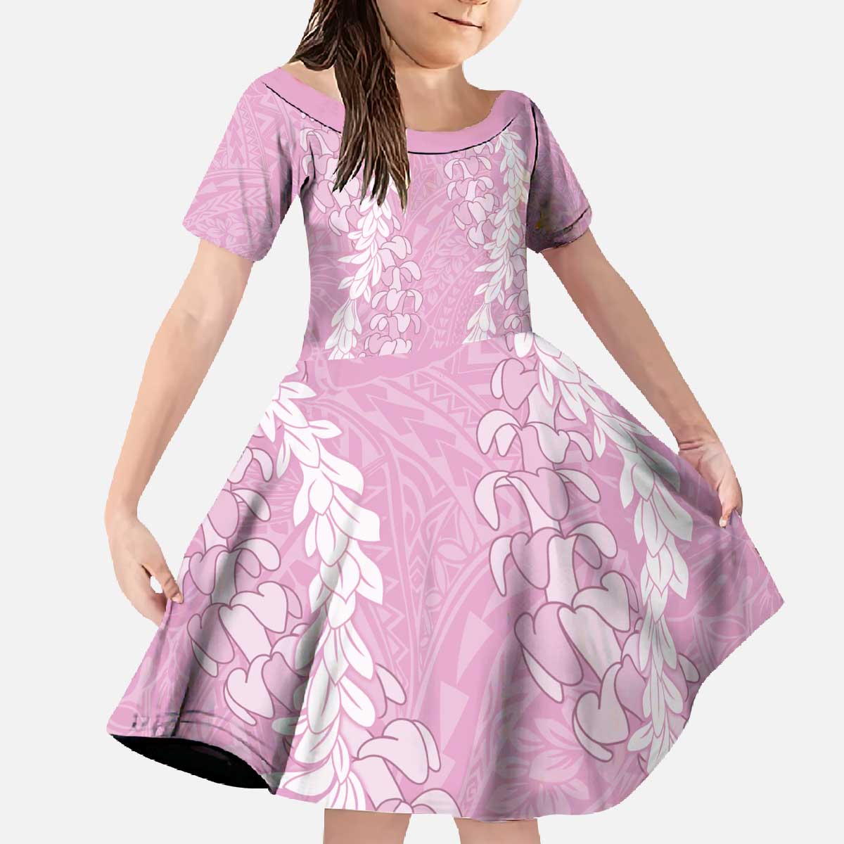 Puakenikeni and Maile Lei Family Matching Off The Shoulder Long Sleeve Dress and Hawaiian Shirt Pink Double Strand Lei LT9 Daughter's Dress Pink - Polynesian Pride