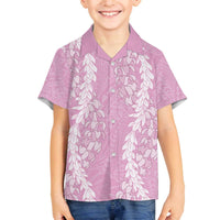 Puakenikeni and Maile Lei Family Matching Off The Shoulder Long Sleeve Dress and Hawaiian Shirt Pink Double Strand Lei LT9 Son's Shirt Pink - Polynesian Pride