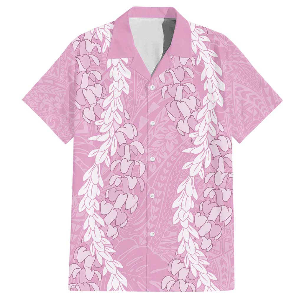 Puakenikeni and Maile Lei Family Matching Off Shoulder Maxi Dress and Hawaiian Shirt Pink Double Strand Lei LT9 Dad's Shirt - Short Sleeve Pink - Polynesian Pride