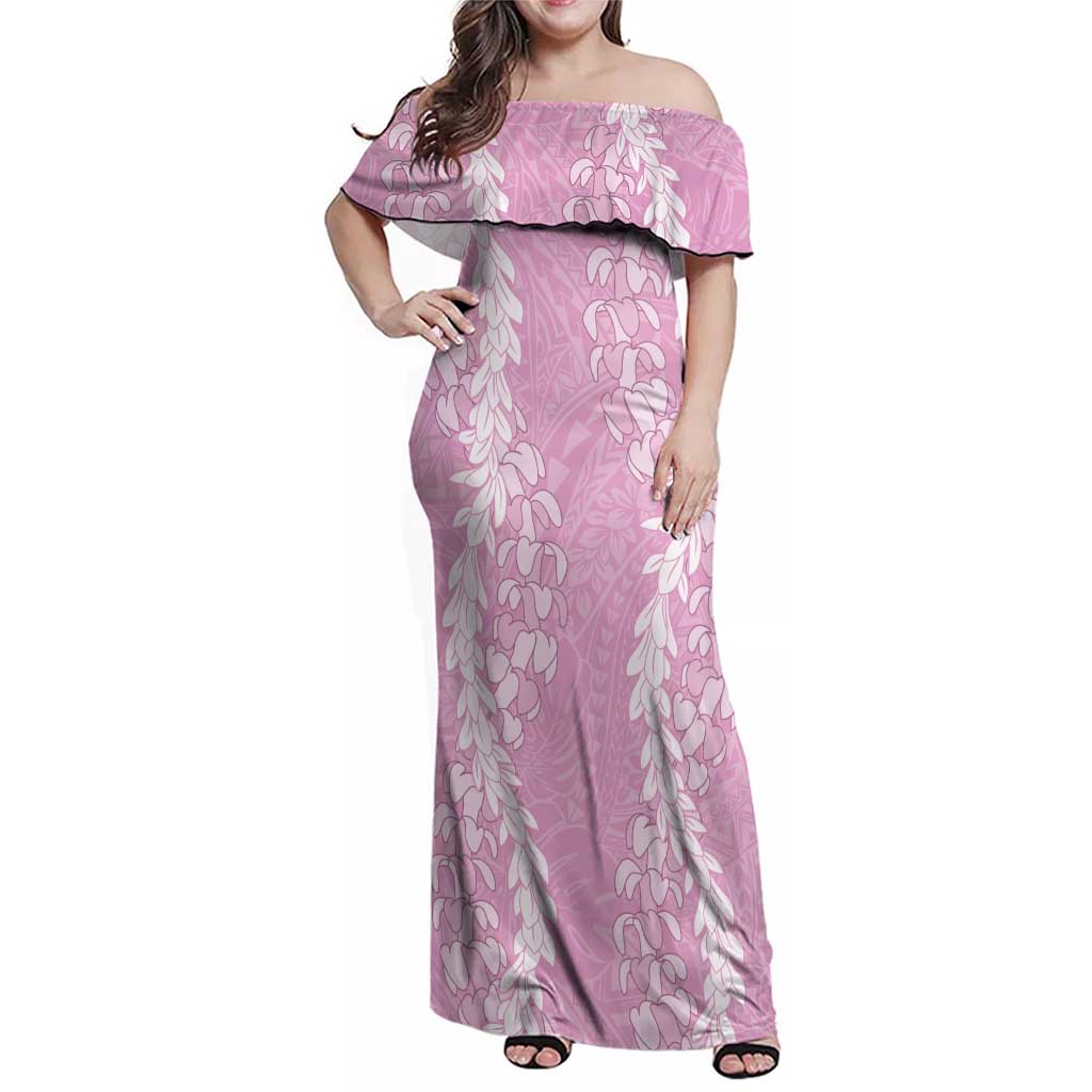 Puakenikeni and Maile Lei Family Matching Off Shoulder Maxi Dress and Hawaiian Shirt Pink Double Strand Lei LT9 Mom's Dress Pink - Polynesian Pride