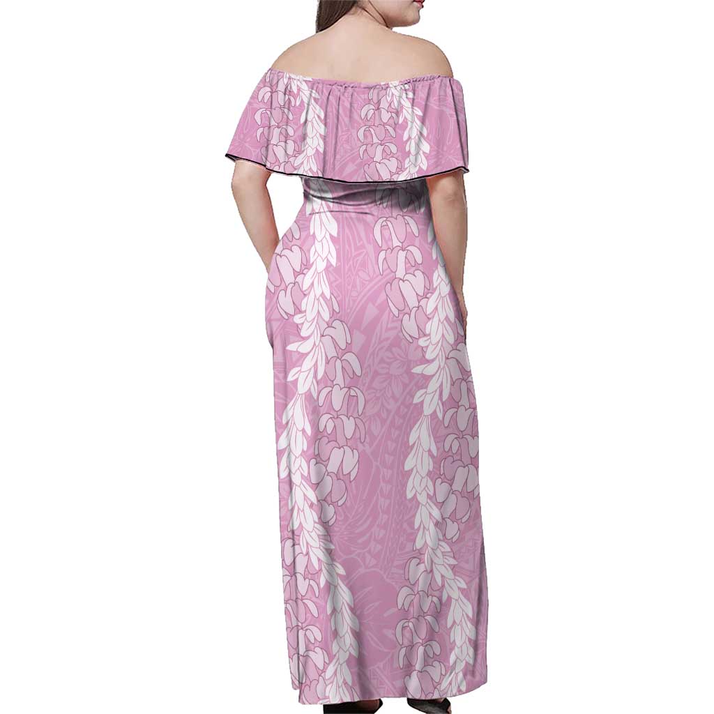 Puakenikeni and Maile Lei Family Matching Off Shoulder Maxi Dress and Hawaiian Shirt Pink Double Strand Lei LT9 - Polynesian Pride