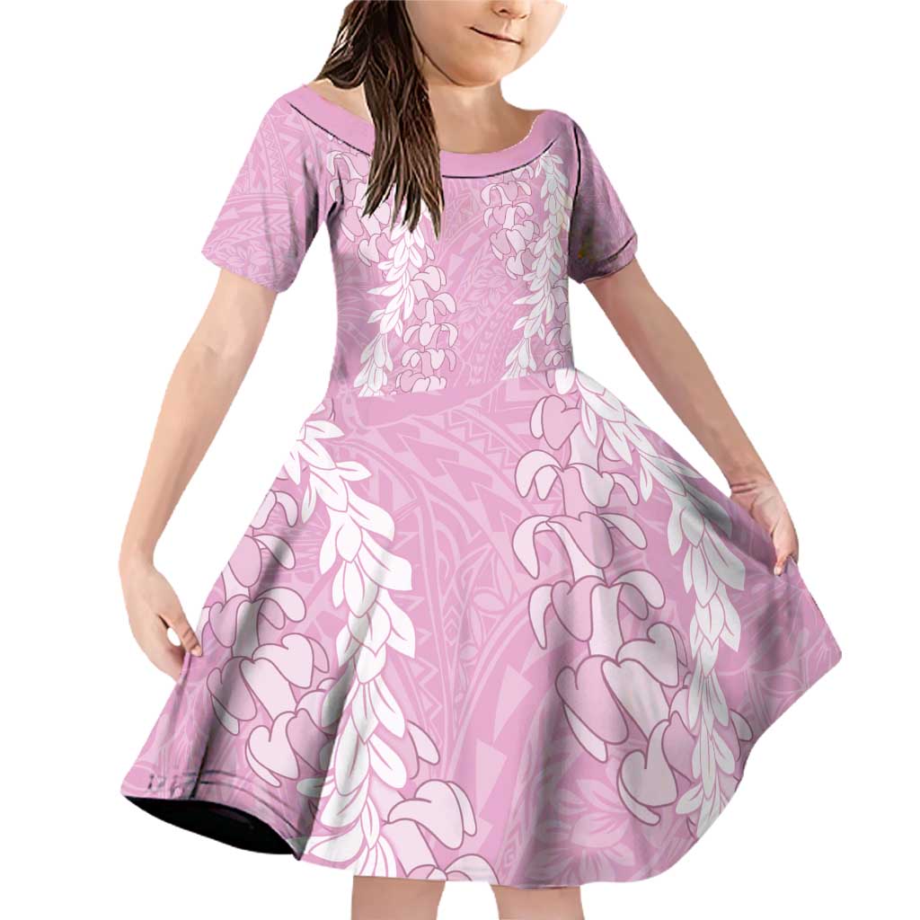 Puakenikeni and Maile Lei Family Matching Off Shoulder Short Dress and Hawaiian Shirt Pink Double Strand Lei LT9 Daughter's Dress Pink - Polynesian Pride