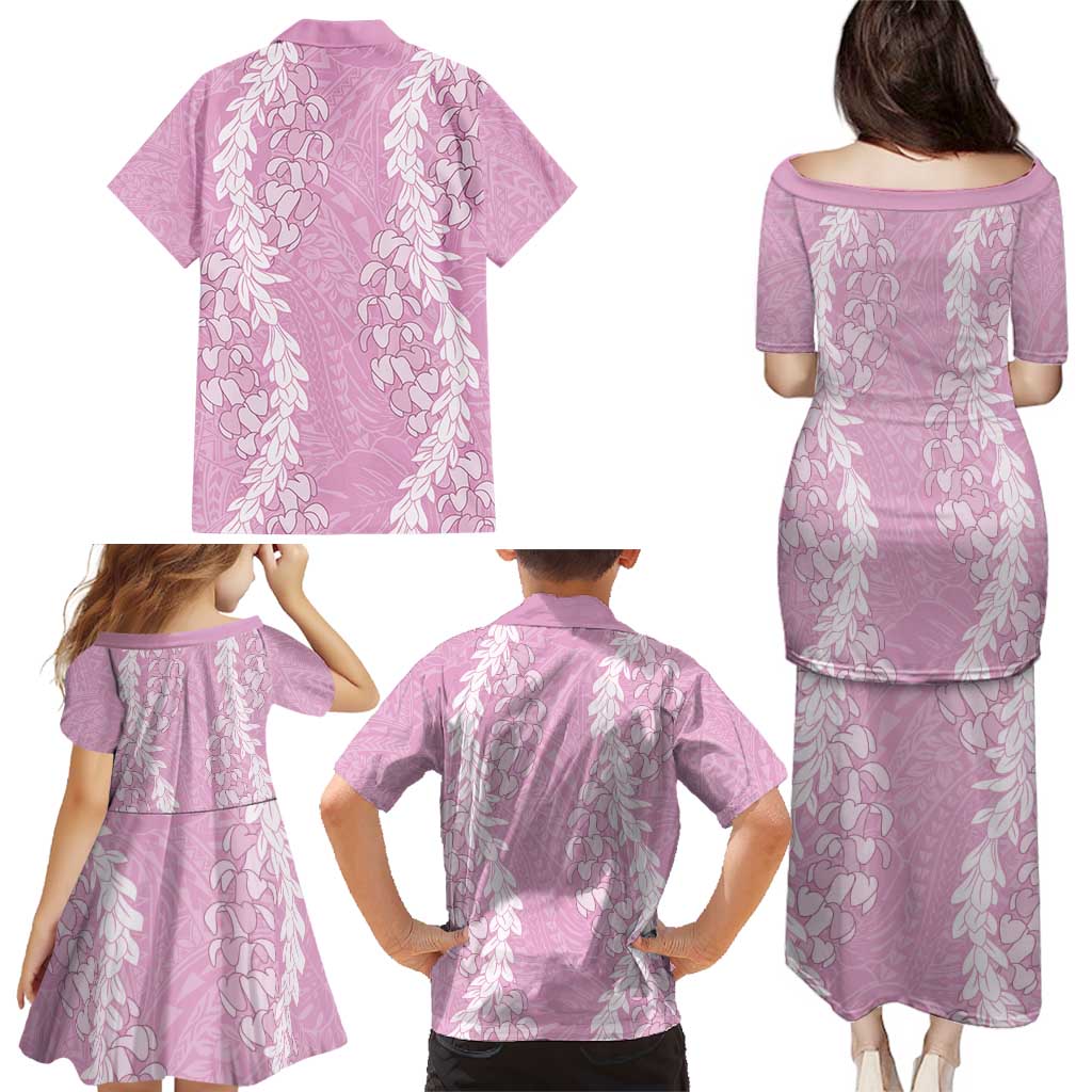 Puakenikeni and Maile Lei Family Matching Puletasi and Hawaiian Shirt Pink Double Strand Lei LT9 - Polynesian Pride