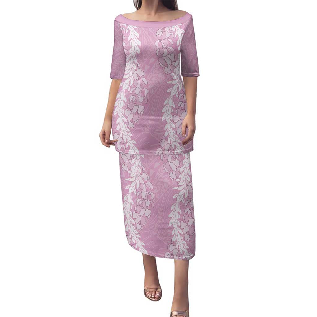 Puakenikeni and Maile Lei Family Matching Puletasi and Hawaiian Shirt Pink Double Strand Lei LT9 Mom's Dress Pink - Polynesian Pride