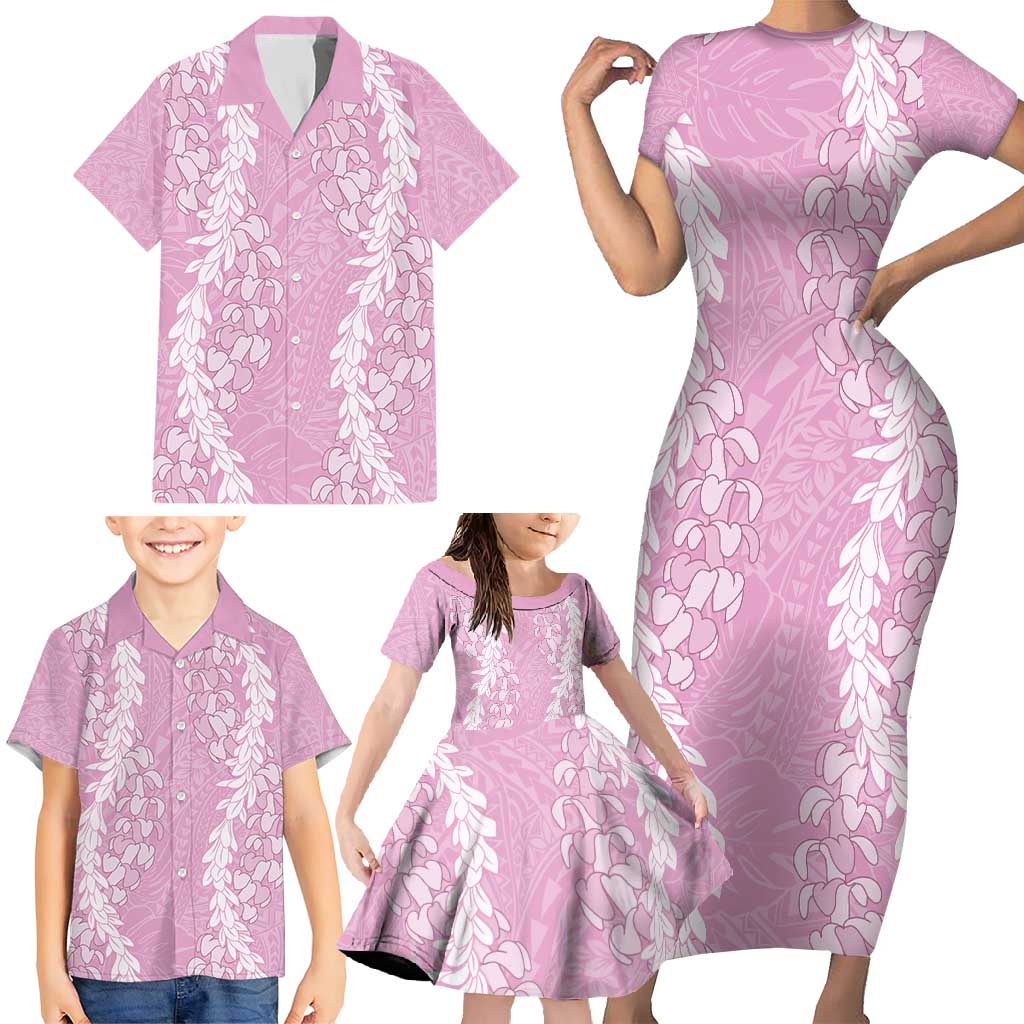 Puakenikeni and Maile Lei Family Matching Short Sleeve Bodycon Dress and Hawaiian Shirt Pink Double Strand Lei LT9 - Polynesian Pride