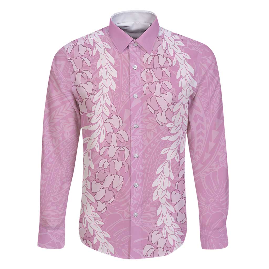 Puakenikeni and Maile Lei Family Matching Summer Maxi Dress and Hawaiian Shirt Pink Double Strand Lei LT9 Dad's Shirt - Long Sleeve Pink - Polynesian Pride