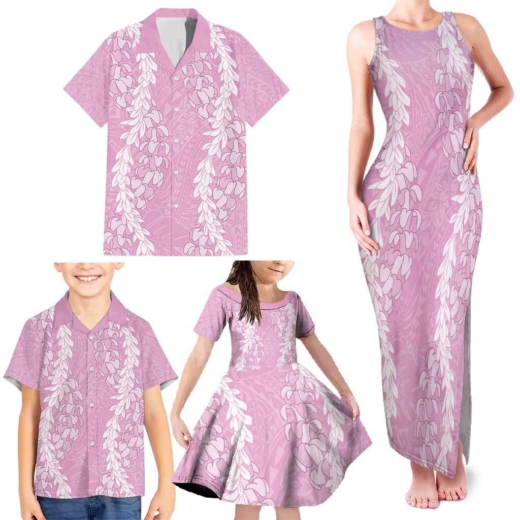 Puakenikeni and Maile Lei Family Matching Tank Maxi Dress and Hawaiian Shirt Pink Double Strand Lei LT9 - Polynesian Pride