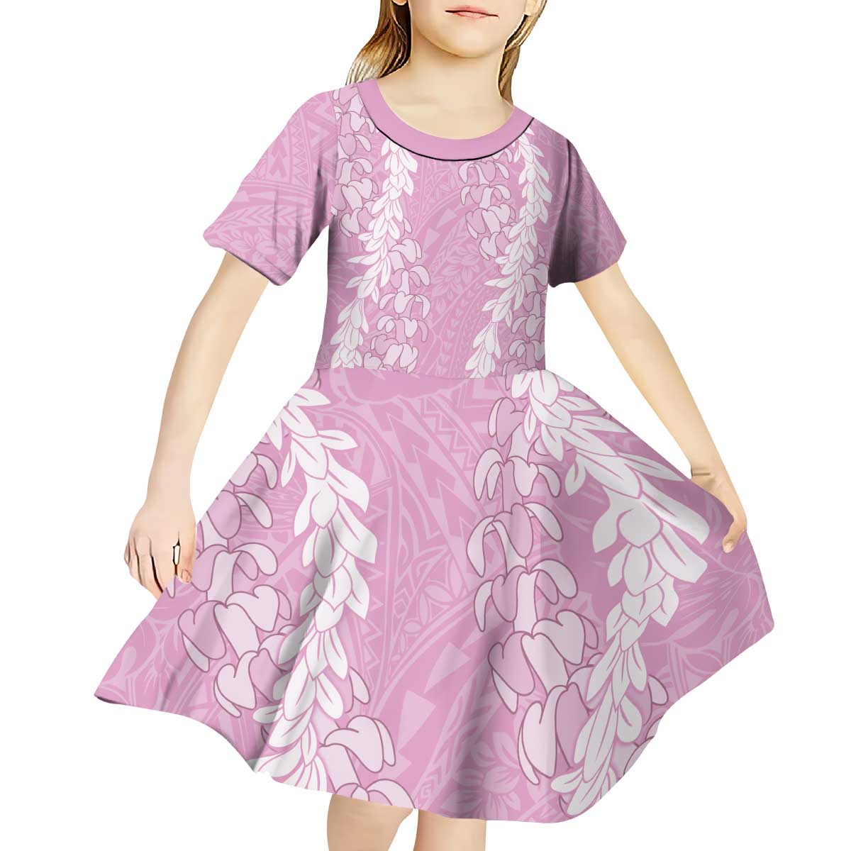 Puakenikeni and Maile Lei Kid Short Sleeve Dress Pink Double Strand Lei