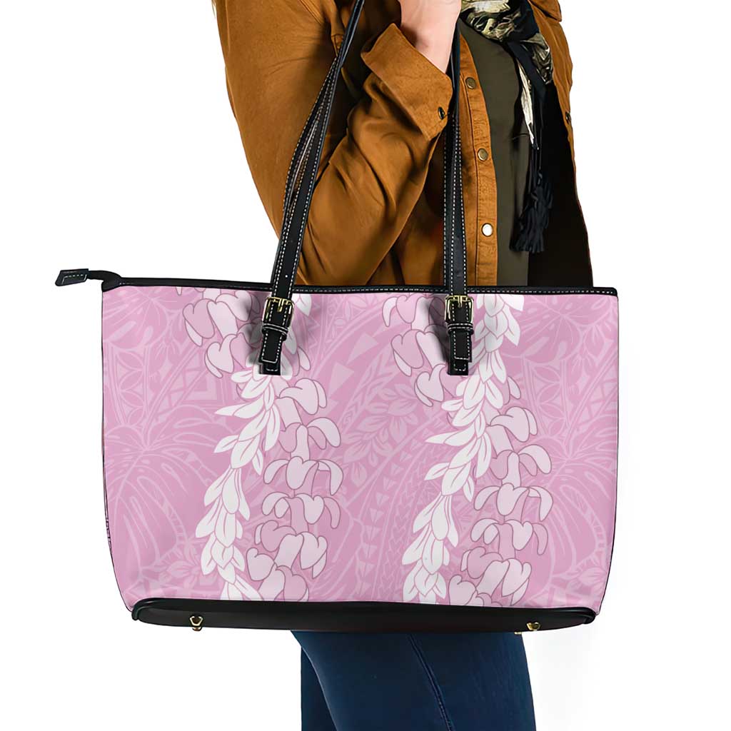 Puakenikeni and Maile Lei Leather Tote Bag Pink Double Strand Lei LT9 - Polynesian Pride