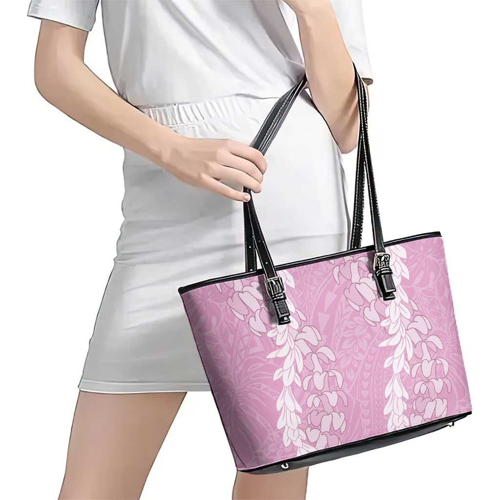 Puakenikeni and Maile Lei Leather Tote Bag Pink Double Strand Lei LT9 - Polynesian Pride