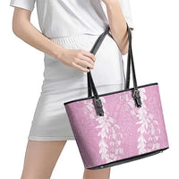 Puakenikeni and Maile Lei Leather Tote Bag Pink Double Strand Lei LT9 - Polynesian Pride