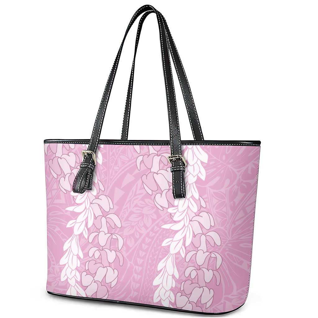 Puakenikeni and Maile Lei Leather Tote Bag Pink Double Strand Lei LT9 - Polynesian Pride