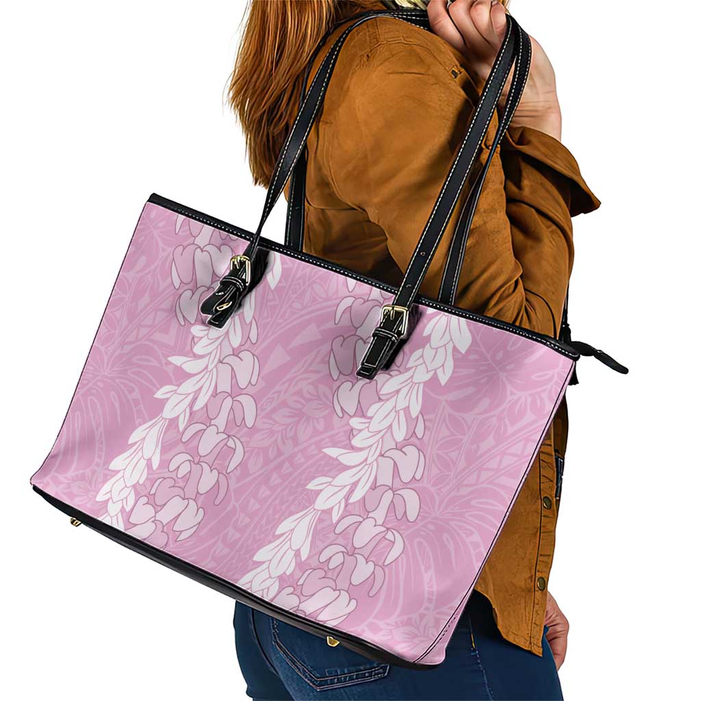 Puakenikeni and Maile Lei Leather Tote Bag Pink Double Strand Lei LT9 - Polynesian Pride