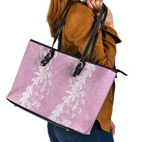 Puakenikeni and Maile Lei Leather Tote Bag Pink Double Strand Lei LT9 - Polynesian Pride