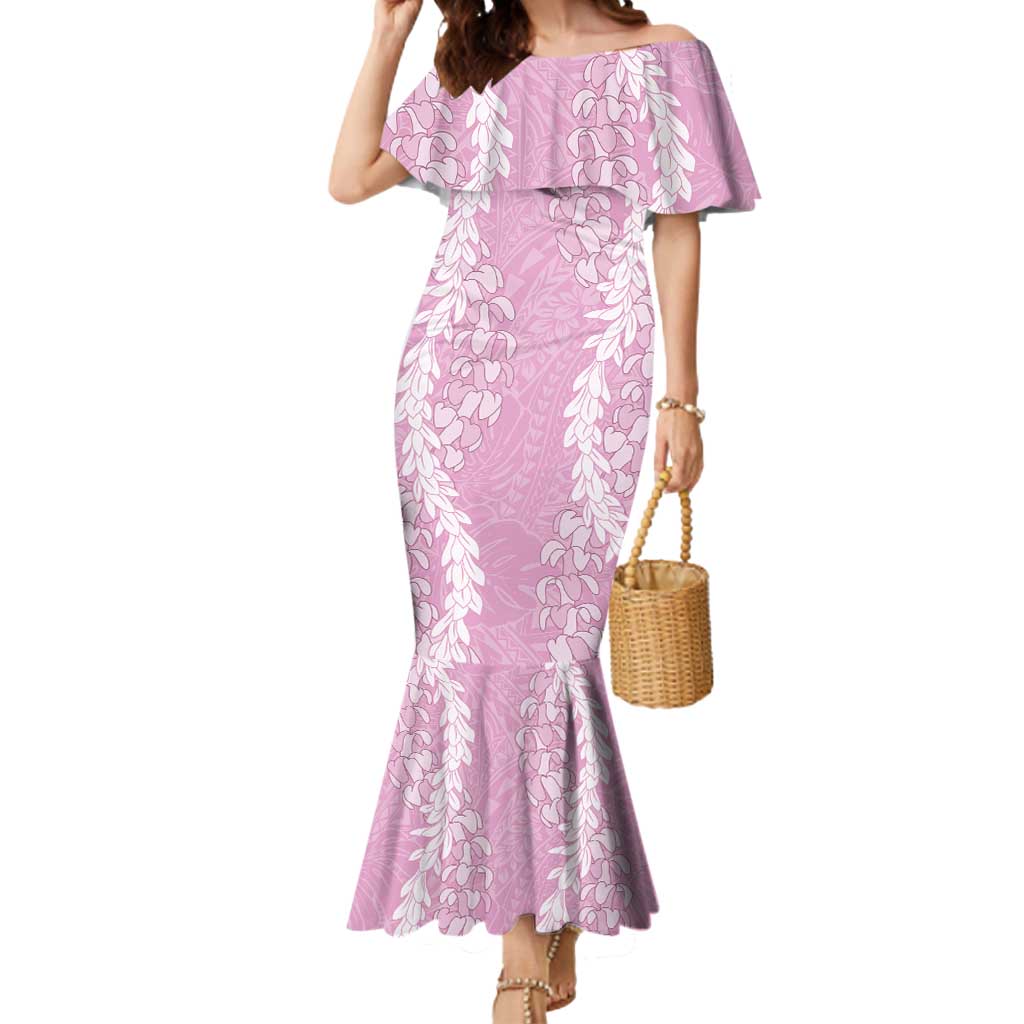 Puakenikeni and Maile Lei Mermaid Dress Pink Double Strand Lei