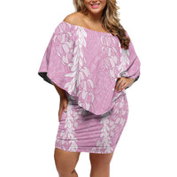 Puakenikeni and Maile Lei Off Shoulder Short Dress Pink Double Strand Lei