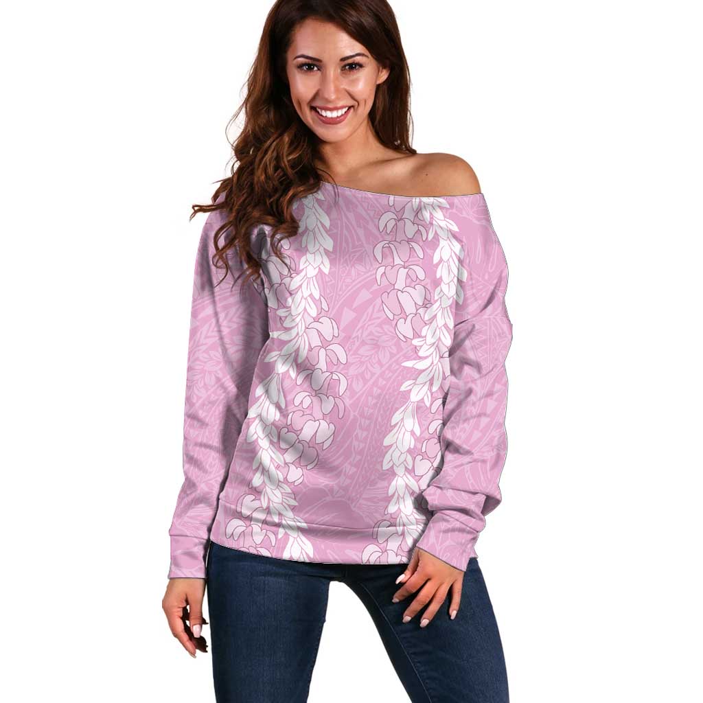 Puakenikeni and Maile Lei Off Shoulder Sweater Pink Double Strand Lei