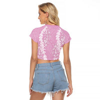Puakenikeni and Maile Lei Raglan Cropped T Shirt Pink Double Strand Lei