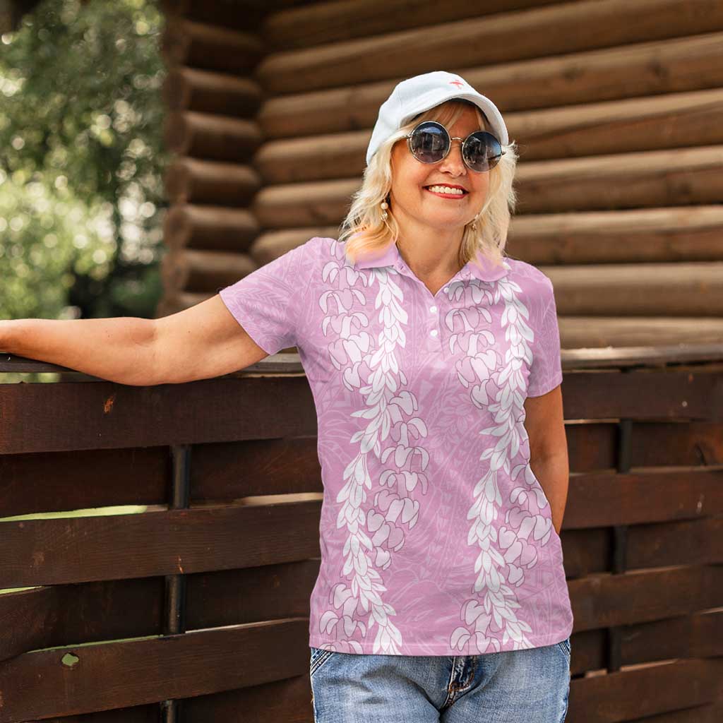Puakenikeni and Maile Lei Women Polo Shirt Pink Double Strand Lei