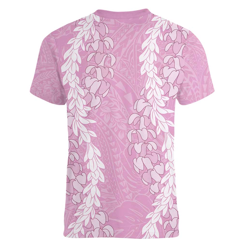 Puakenikeni and Maile Lei Women V-Neck T-Shirt Pink Double Strand Lei