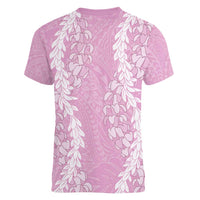 Puakenikeni and Maile Lei Women V-Neck T-Shirt Pink Double Strand Lei