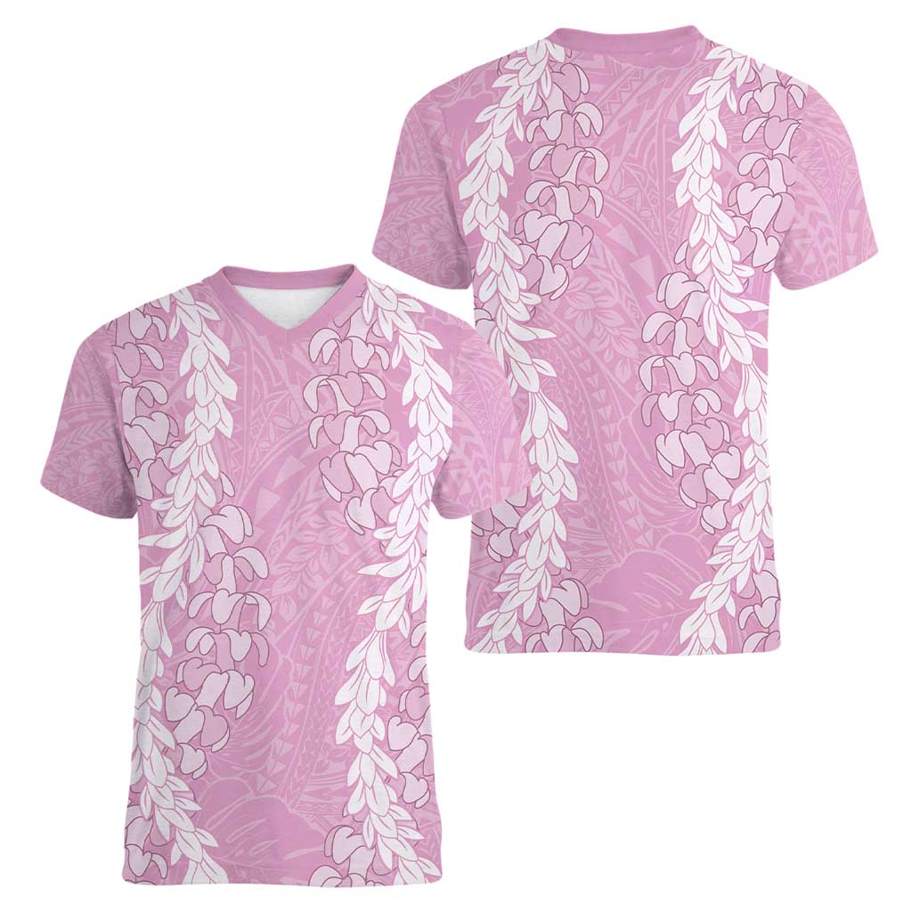 Puakenikeni and Maile Lei Women V-Neck T-Shirt Pink Double Strand Lei