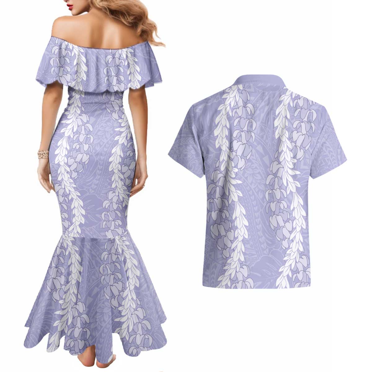 Puakenikeni and Maile Lei Couples Matching Mermaid Dress and Hawaiian Shirt Purple Double Strand Lei LT9 - Polynesian Pride