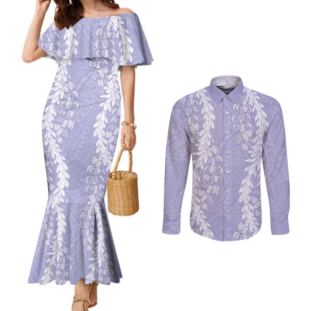 Puakenikeni and Maile Lei Couples Matching Mermaid Dress and Long Sleeve Button Shirt Purple Double Strand Lei