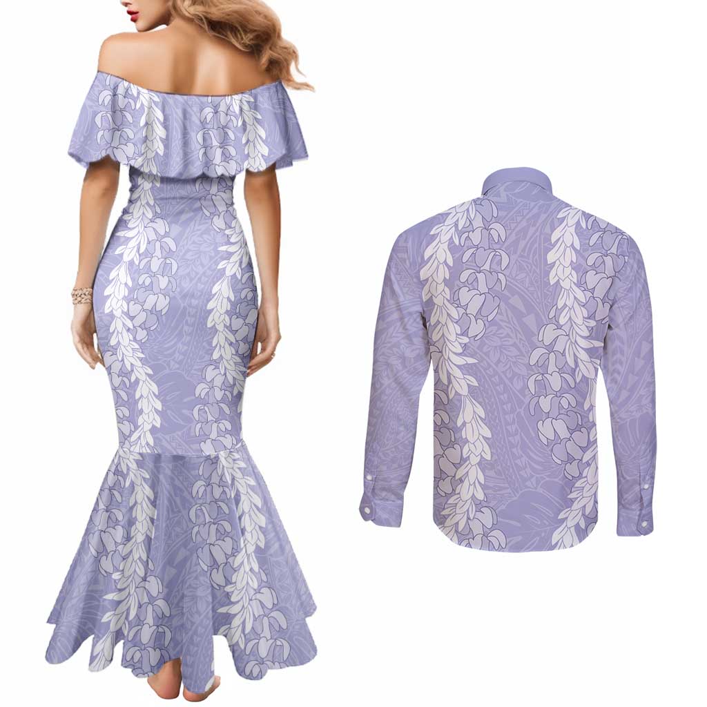 Puakenikeni and Maile Lei Couples Matching Mermaid Dress and Long Sleeve Button Shirt Purple Double Strand Lei