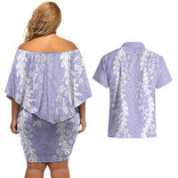 Puakenikeni and Maile Lei Couples Matching Off Shoulder Short Dress and Hawaiian Shirt Purple Double Strand Lei LT9 - Polynesian Pride