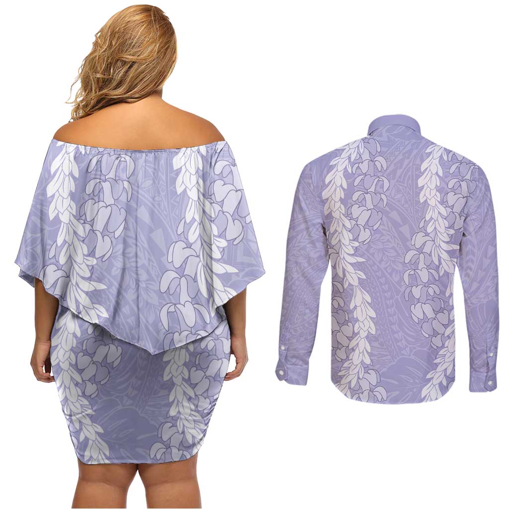 Puakenikeni and Maile Lei Couples Matching Off Shoulder Short Dress and Long Sleeve Button Shirt Purple Double Strand Lei