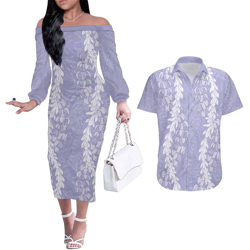 Puakenikeni and Maile Lei Couples Matching Off The Shoulder Long Sleeve Dress and Hawaiian Shirt Purple Double Strand Lei