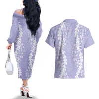 Puakenikeni and Maile Lei Couples Matching Off The Shoulder Long Sleeve Dress and Hawaiian Shirt Purple Double Strand Lei LT9 - Polynesian Pride