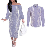 Puakenikeni and Maile Lei Couples Matching Off The Shoulder Long Sleeve Dress and Long Sleeve Button Shirt Purple Double Strand Lei LT9 Purple - Polynesian Pride