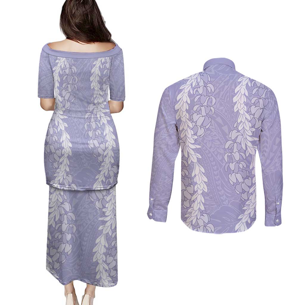 Puakenikeni and Maile Lei Couples Matching Puletasi and Long Sleeve Button Shirt Purple Double Strand Lei
