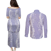 Puakenikeni and Maile Lei Couples Matching Puletasi and Long Sleeve Button Shirt Purple Double Strand Lei