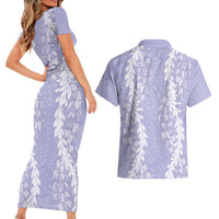 Puakenikeni and Maile Lei Couples Matching Short Sleeve Bodycon Dress and Hawaiian Shirt Purple Double Strand Lei LT9 - Polynesian Pride
