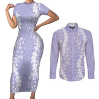 Puakenikeni and Maile Lei Couples Matching Short Sleeve Bodycon Dress and Long Sleeve Button Shirt Purple Double Strand Lei LT9 Purple - Polynesian Pride