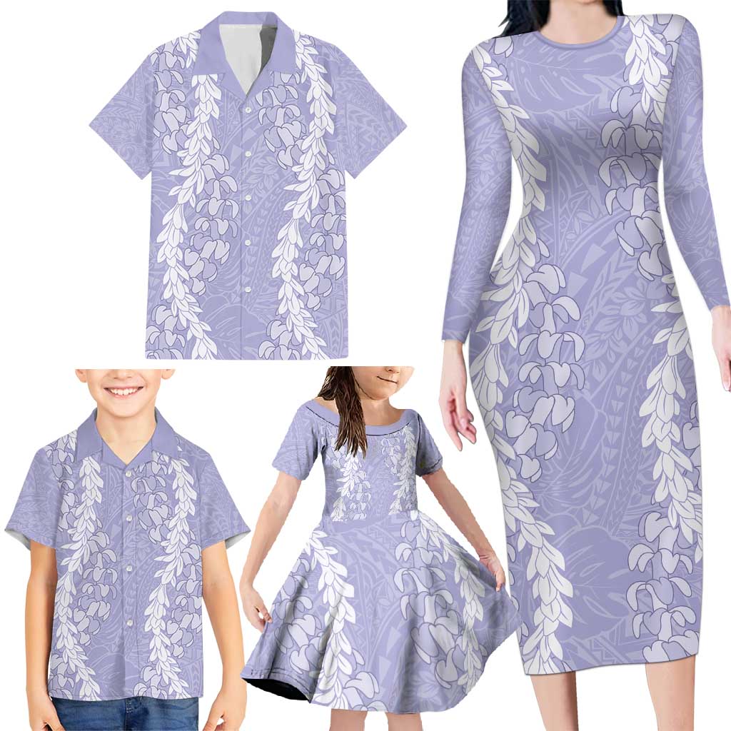 Puakenikeni and Maile Lei Family Matching Long Sleeve Bodycon Dress and Hawaiian Shirt Purple Double Strand Lei LT9 - Polynesian Pride