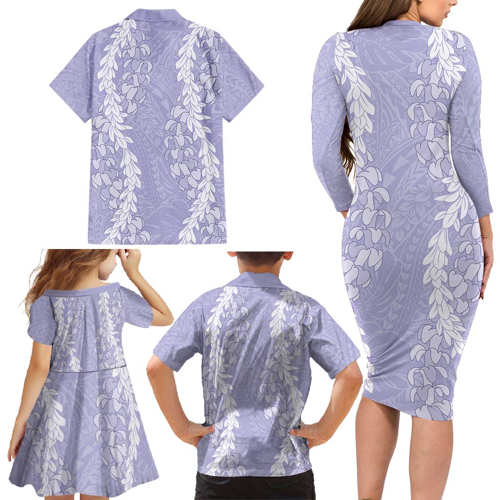Puakenikeni and Maile Lei Family Matching Long Sleeve Bodycon Dress and Hawaiian Shirt Purple Double Strand Lei LT9 - Polynesian Pride