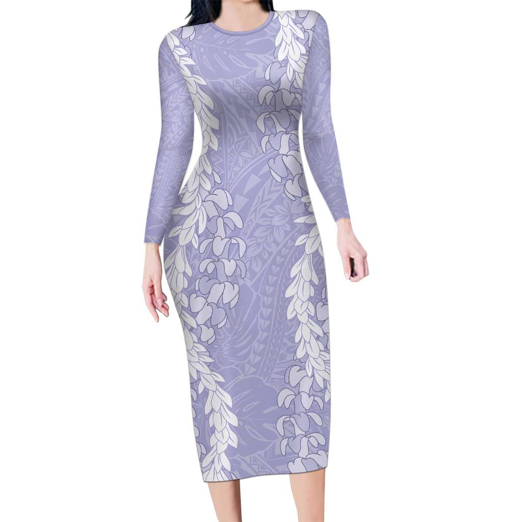 Puakenikeni and Maile Lei Family Matching Long Sleeve Bodycon Dress and Hawaiian Shirt Purple Double Strand Lei LT9 Mom's Dress Purple - Polynesian Pride