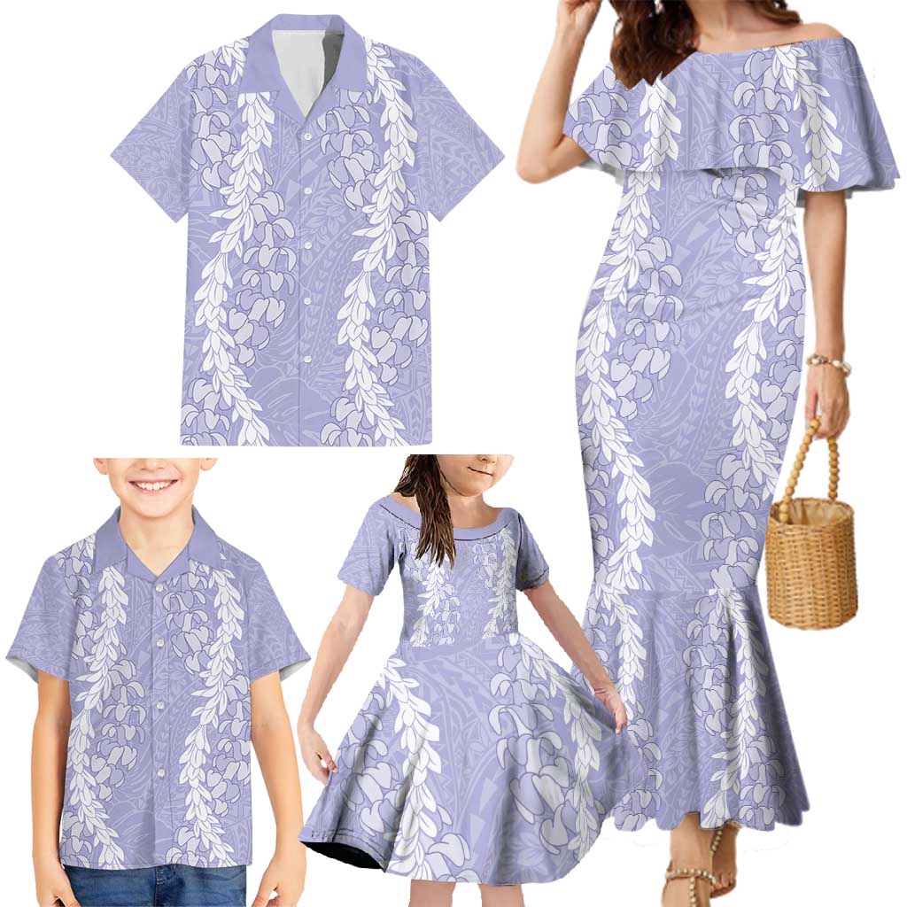 Puakenikeni and Maile Lei Family Matching Mermaid Dress and Hawaiian Shirt Purple Double Strand Lei LT9 - Polynesian Pride