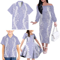 Puakenikeni and Maile Lei Family Matching Off The Shoulder Long Sleeve Dress and Hawaiian Shirt Purple Double Strand Lei LT9 - Polynesian Pride