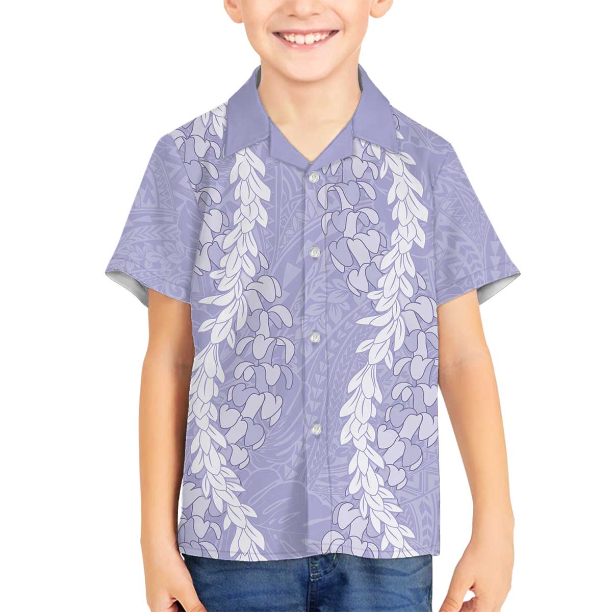 Puakenikeni and Maile Lei Family Matching Off The Shoulder Long Sleeve Dress and Hawaiian Shirt Purple Double Strand Lei LT9 Son's Shirt Purple - Polynesian Pride