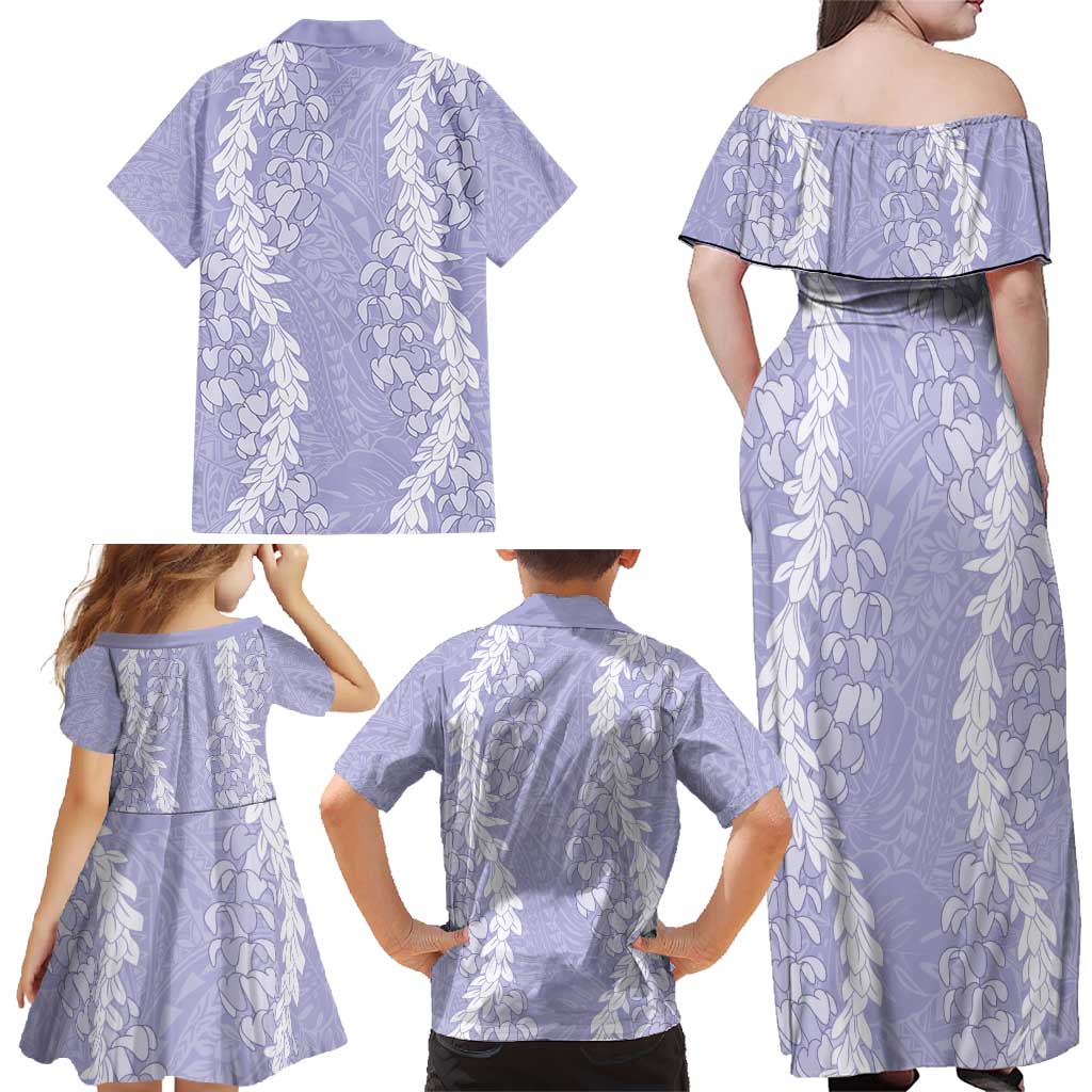 Puakenikeni and Maile Lei Family Matching Off Shoulder Maxi Dress and Hawaiian Shirt Purple Double Strand Lei LT9 - Polynesian Pride