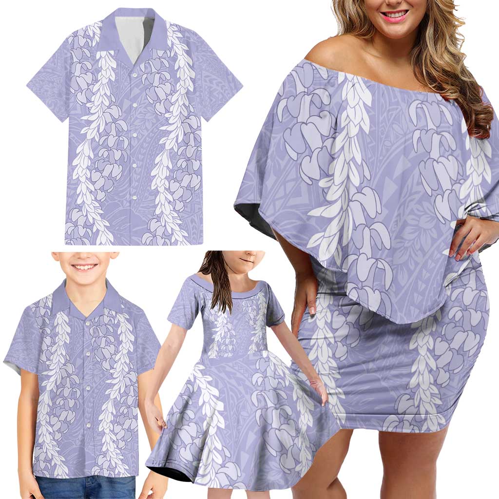 Hawaii Puakenikeni & Maile Lei – Family Matching Off-Shoulder Dress & Hawaiian Shirt – Purple Double Strand Lei LT9 - Polynesian Pride