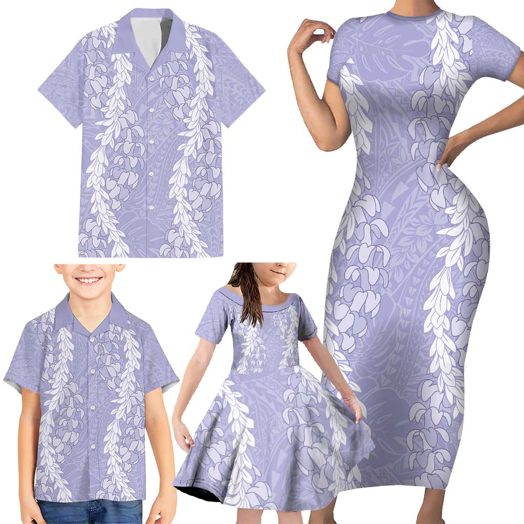 Puakenikeni and Maile Lei Family Matching Short Sleeve Bodycon Dress and Hawaiian Shirt Purple Double Strand Lei LT9 - Polynesian Pride