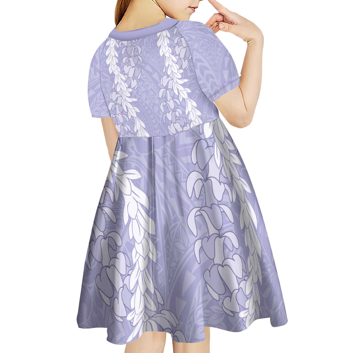 Puakenikeni and Maile Lei Kid Short Sleeve Dress Purple Double Strand Lei