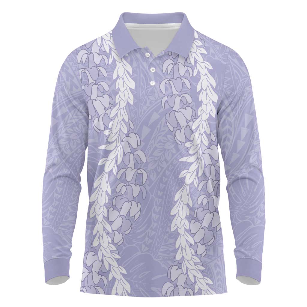 Puakenikeni and Maile Lei Long Sleeve Polo Shirt Purple Double Strand Lei