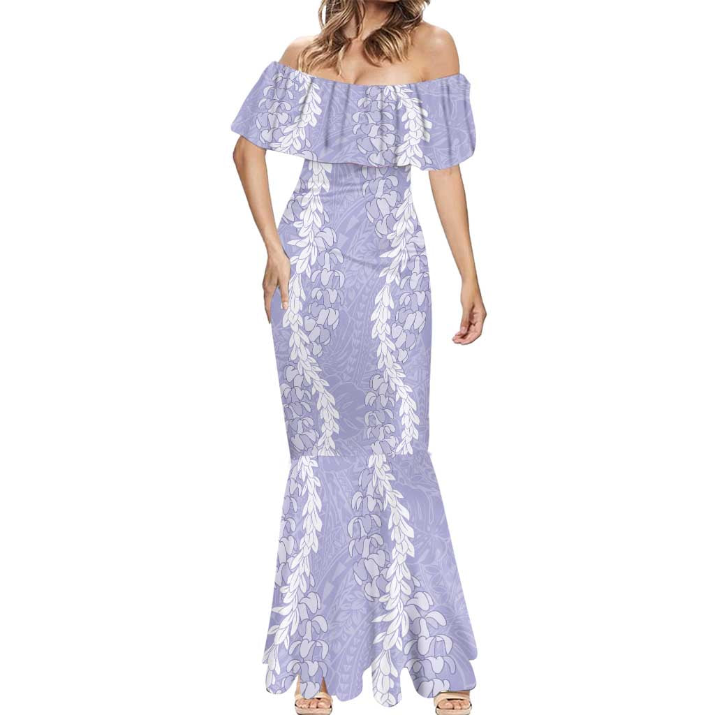 Puakenikeni and Maile Lei Mermaid Dress Purple Double Strand Lei